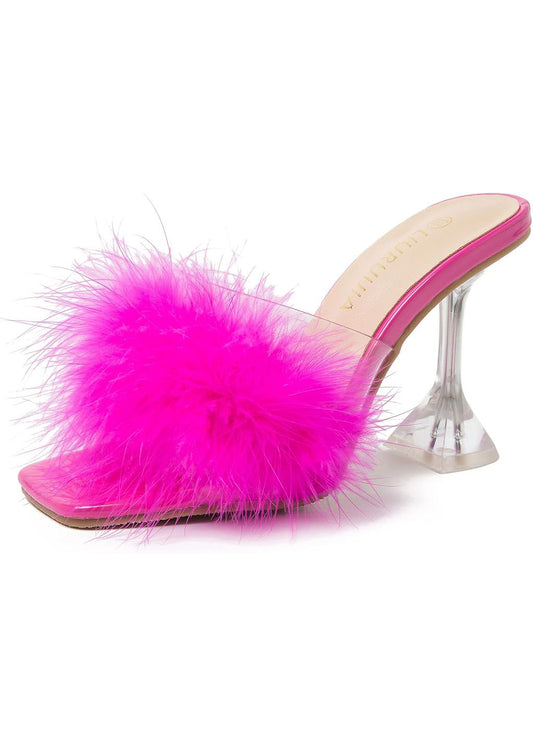 LIURUIJIA Feather High Heel Mules - Pink