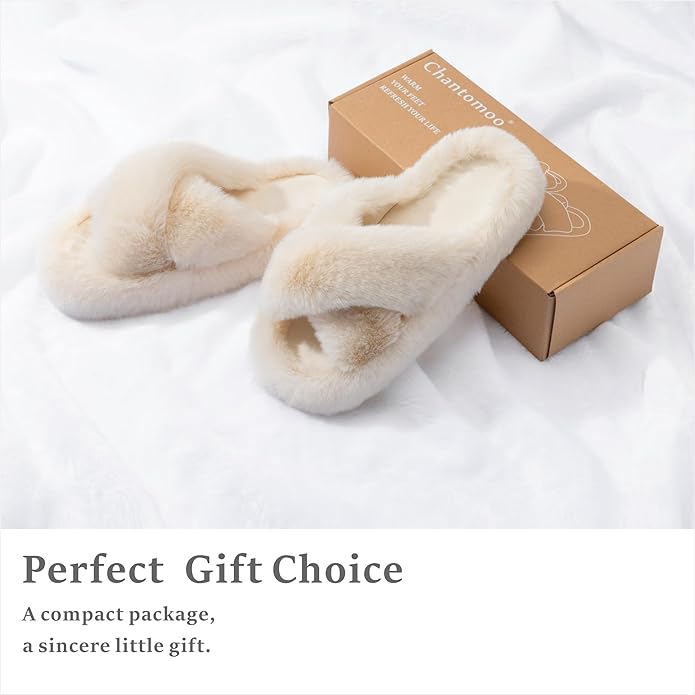 Chantomoo Women's Blue Memory Foam Faux Fur Lined Open Toe Slippers for Women - US