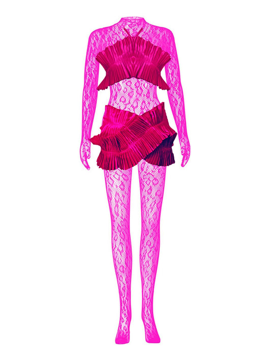 Leopard Lace Mesh Jumpsuit – Sleek & Seductive Rave Bodysuit Green Pink