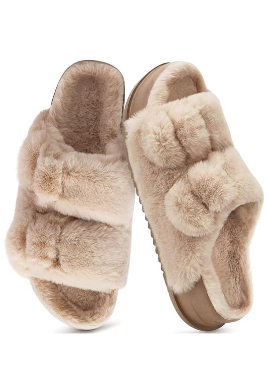 KuaiLu Women's Fluff Slippers Plantar Fasciitis Arch Support Platform Slippers Ladies Fashion Open Toe Faux Fur Sliders Womens House Slipper
