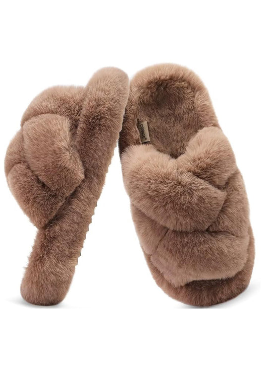 COFACE Women's Fluff Slippers House Open Toe Faux Fur Ladies Fashion Platform Fuzzy Slide Shoes with Comfort Arch Support, Indoor Outdoor Sole