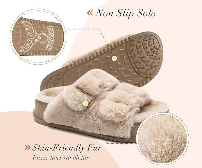 KuaiLu Women's Fluff Slippers Plantar Fasciitis Arch Support Platform Slippers Ladies Fashion Open Toe Faux Fur Sliders Womens House Slipper