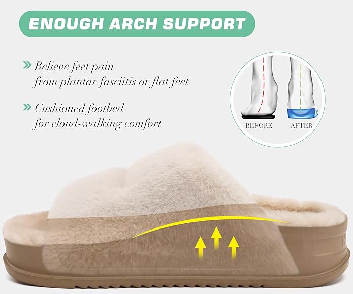 KuaiLu Women's Fluff Slippers Plantar Fasciitis Arch Support Platform Slippers Ladies Fashion Open Toe Faux Fur Sliders Womens House Slipper