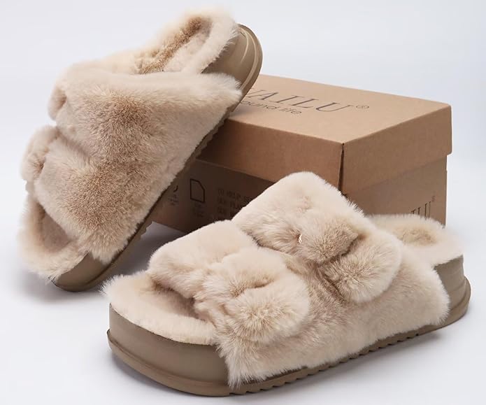 KuaiLu Women's Fluff Slippers Plantar Fasciitis Arch Support Platform Slippers Ladies Fashion Open Toe Faux Fur Sliders Womens House Slipper