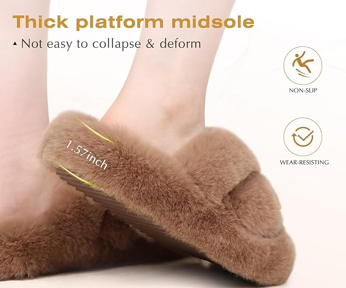 COFACE Women's Fluff Slippers House Open Toe Faux Fur Ladies Fashion Platform Fuzzy Slide Shoes with Comfort Arch Support, Indoor Outdoor Sole