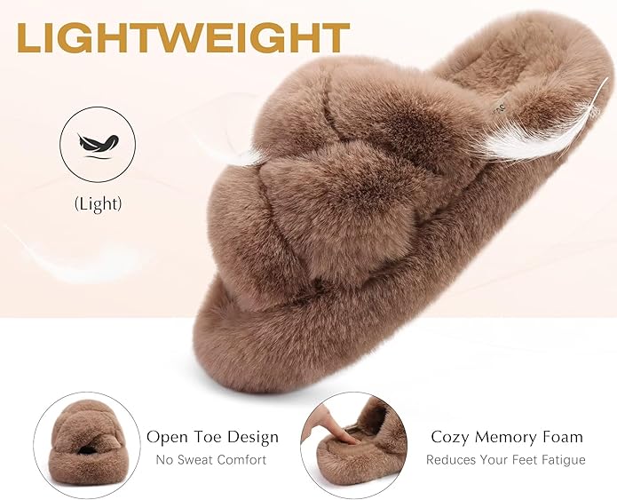 COFACE Women's Fluff Slippers House Open Toe Faux Fur Ladies Fashion Platform Fuzzy Slide Shoes with Comfort Arch Support, Indoor Outdoor Sole